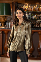 Yumi Gold Metallic Relaxed Balloon Sleeve Shirt