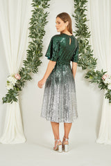 Yumi Green and Silver Ombre Sequin Midi Wrap Dress