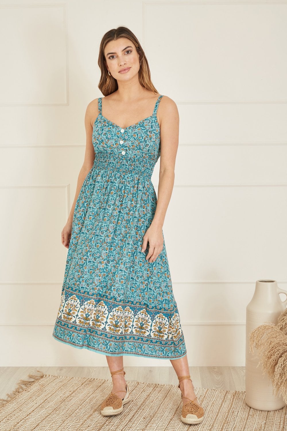 Yumi Green Border Floral Midi Sundress