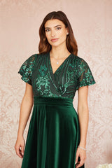 Yumi Green Embellished Velvet Wrap Skater Midi Dress