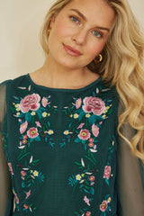 Yumi Green Embroidered Long Mesh Sleeve Prom Skater Dress