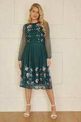 Yumi Green Embroidered Long Mesh Sleeve Prom Skater Dress