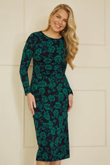 Yumi Green Floral Fitted Mesh Midi Dress With Long Sleeves