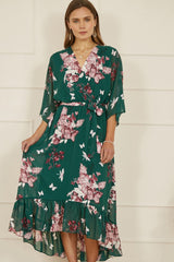 Yumi Green Floral Kimono Dipped Hem Dress