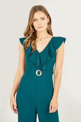 Yumi Green Jumpsuit With Gold Buckle and Frill Detail