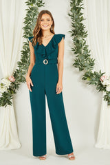 Yumi Green Jumpsuit With Gold Buckle and Frill Detail