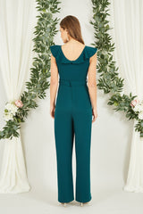 Yumi Green Jumpsuit With Gold Buckle and Frill Detail