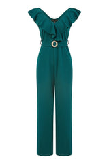 Yumi Green Jumpsuit With Gold Buckle and Frill Detail