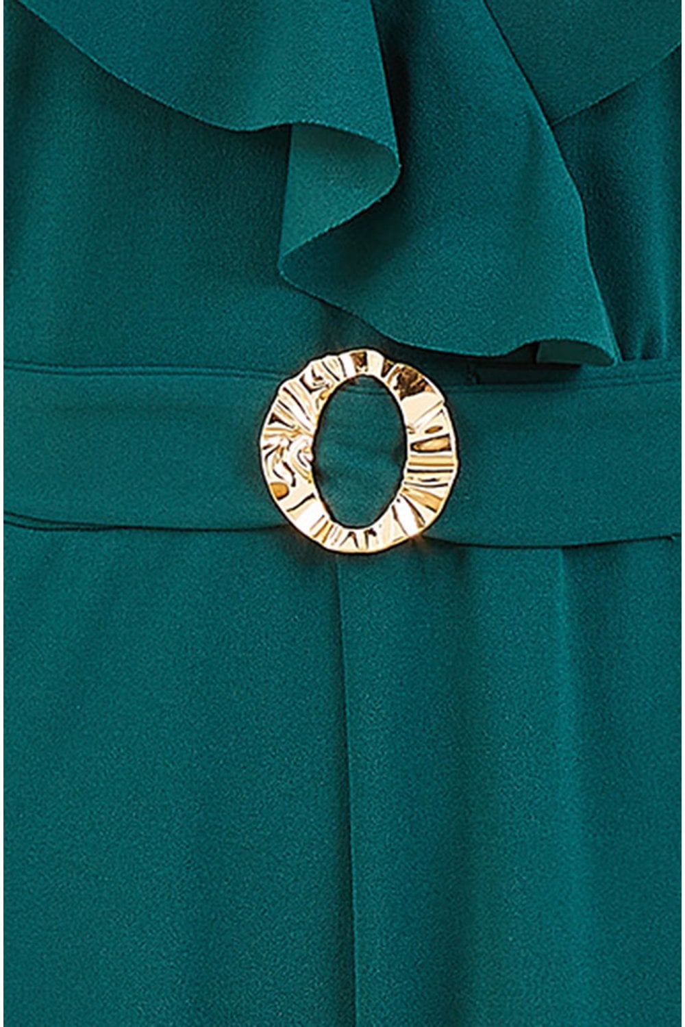 Yumi Green Jumpsuit With Gold Buckle and Frill Detail