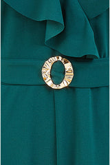 Yumi Green Jumpsuit With Gold Buckle and Frill Detail