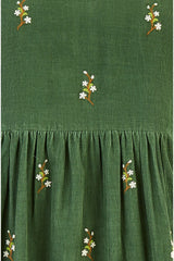 Yumi Green Long Sleeve Midi Dress With Floral Embroidery