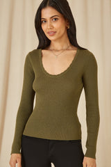 Yumi Green Metallic Knitted Ribbed Top