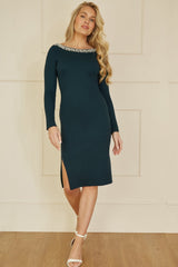 Yumi Green Pearl Neckline Fitted Midi Knitted Dress