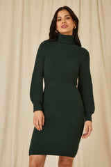Yumi Green Roll Neck Knitted Dress With Fitted Waist