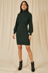 Yumi Green Roll Neck Knitted Dress With Fitted Waist