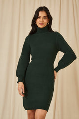 Yumi Green Roll Neck Knitted Dress With Fitted Waist