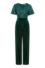 Yumi Green Sequin Embellished Velvet Jumpsuit With Angel Sleeves