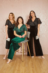Yumi Green Sequin Embellished Velvet Jumpsuit With Angel Sleeves
