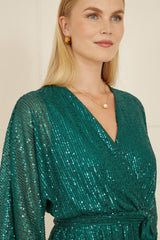 Yumi Green Sequin Kimono Midi Wrap Dress