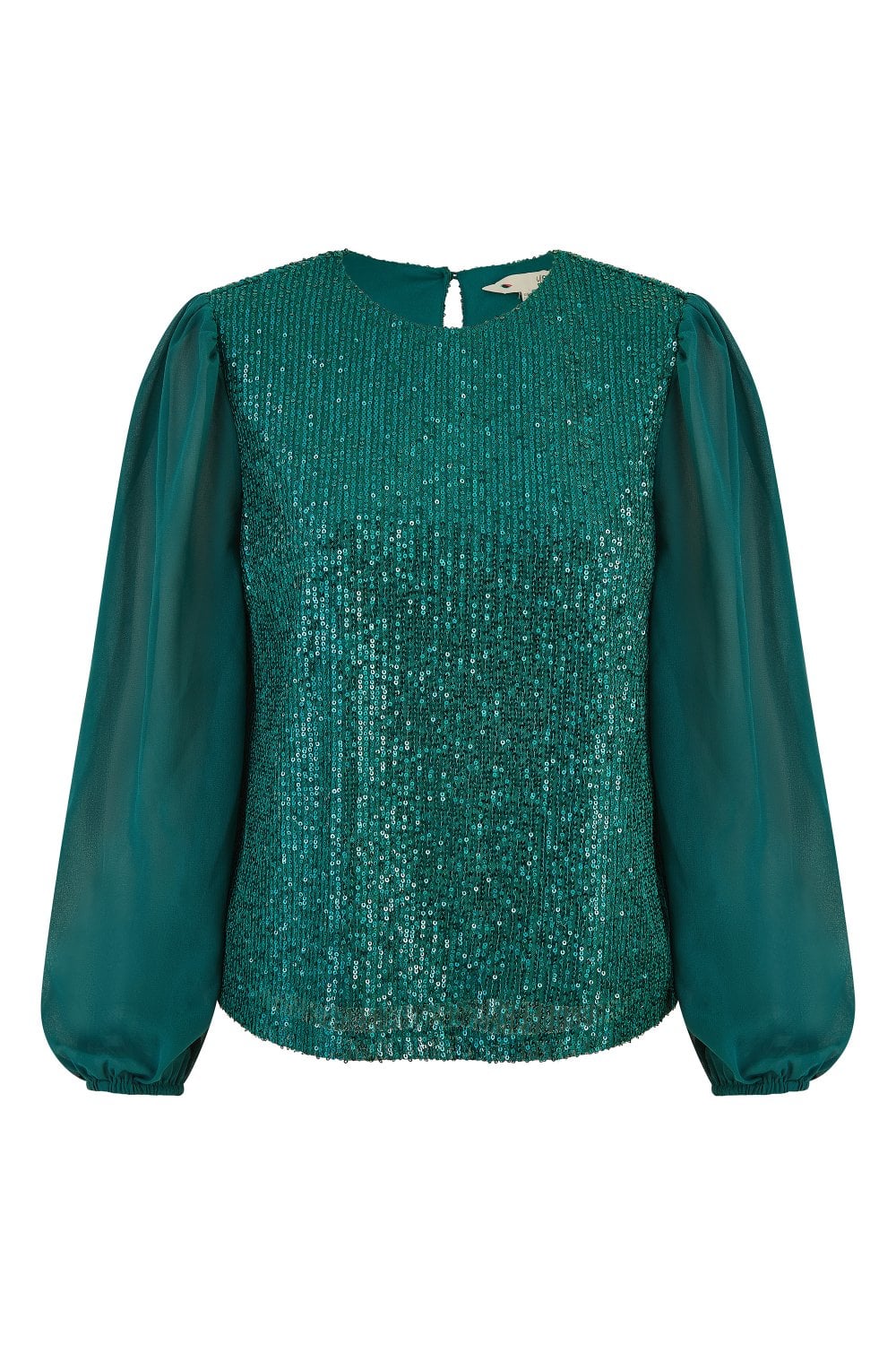 Yumi Green Sequin Top With Sheer Sleeves