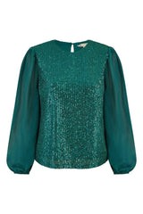 Yumi Green Sequin Top With Sheer Sleeves