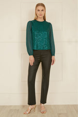 Yumi Green Sequin Top With Sheer Sleeves