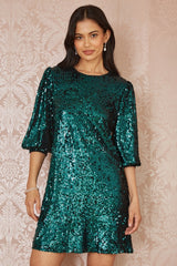 Yumi Green Sequin Tunic Dress With Balloon Sleeves