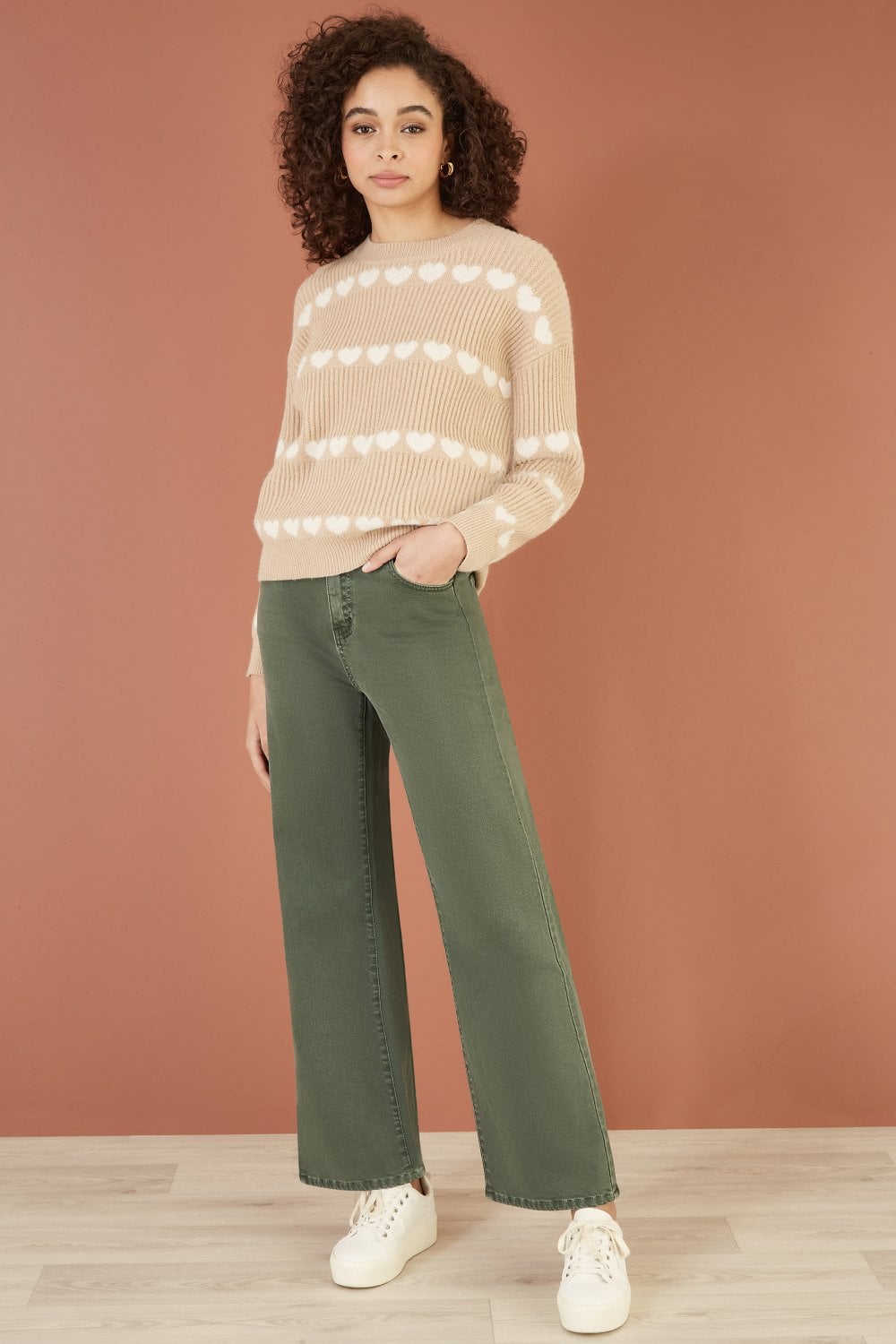 Yumi Green Stretch Canvas Wide Leg High Waist Jeans