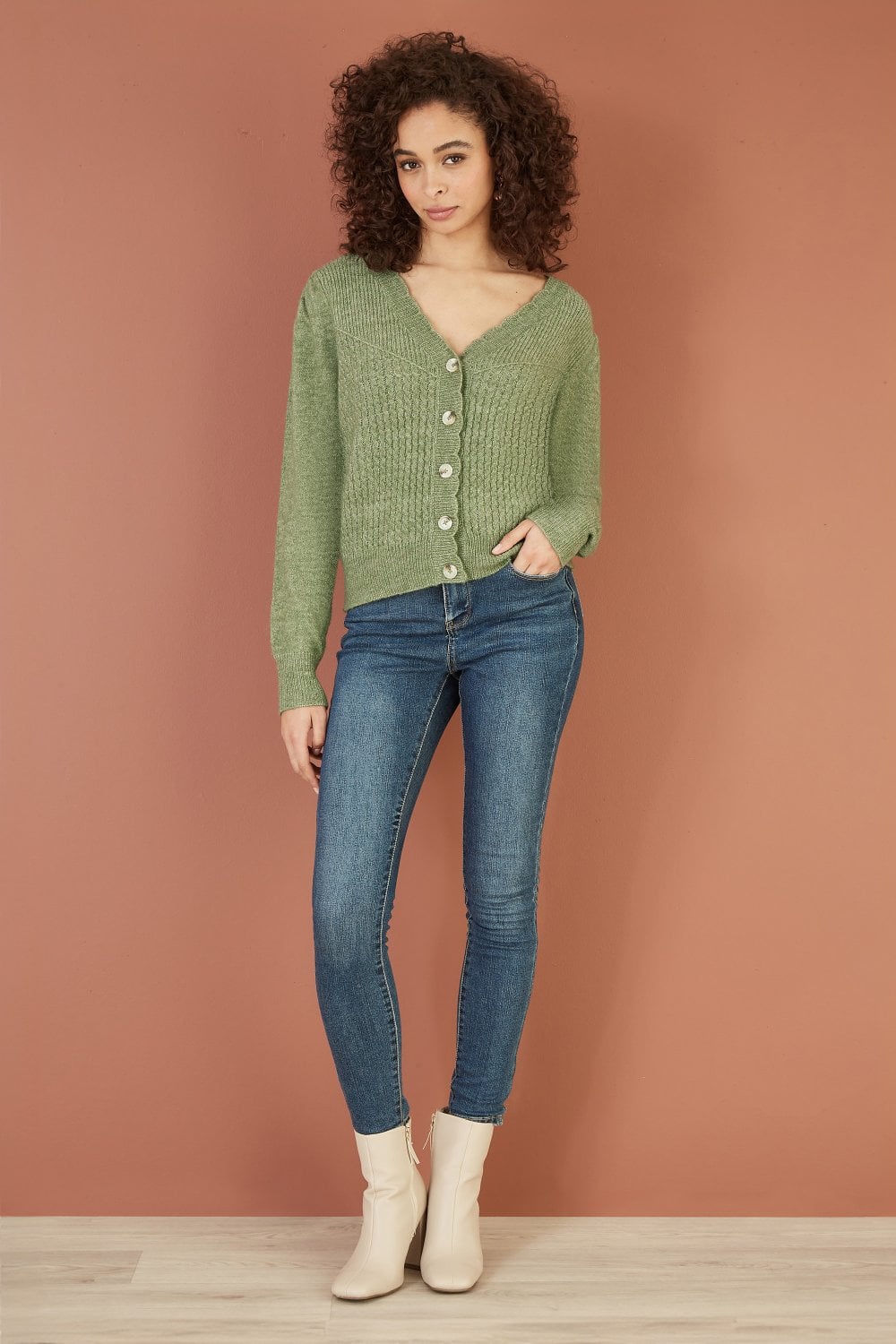 Yumi Green Twist Knit Button Up Cardigan