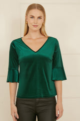 Yumi Green Velvet Relaxed Fit Top With Fluted Sleeves