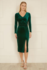 Yumi Green Velvet V Neck Fitted Ruched Midi Dress