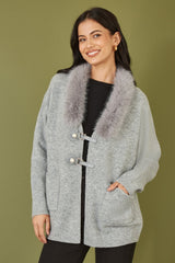Yumi Grey Cardigan With Detachable Fur Collar Trim