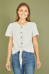 Yumi Grey Striped Jersey Button Detail Top