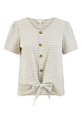 Yumi Grey Striped Jersey Button Detail Top