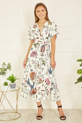 Yumi Ivory Bird and Floral Print Ruched Waist Kimono Midi Dress