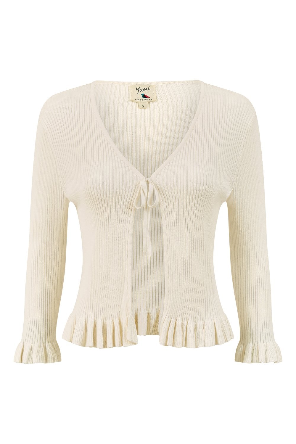 Yumi Ivory Tie Up Ribbed Cardigan With Frill Hem