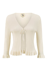 Yumi Ivory Tie Up Ribbed Cardigan With Frill Hem