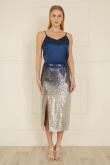 Yumi Navy And Silver Sequin Split Fitted Midi Skirt