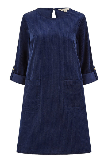 Yumi Navy Cord Tunic Dress With 3/4 Sleeves And Pockets