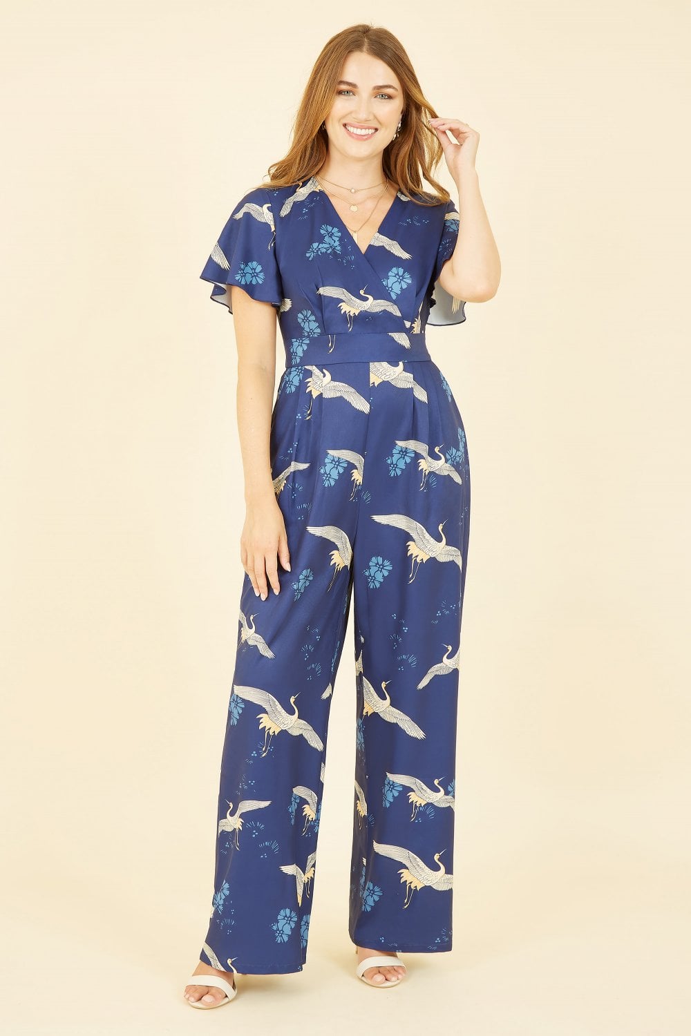 Yumi Navy Crane Print Angel Sleeve Jumpsuit