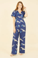 Yumi Navy Crane Print Angel Sleeve Jumpsuit