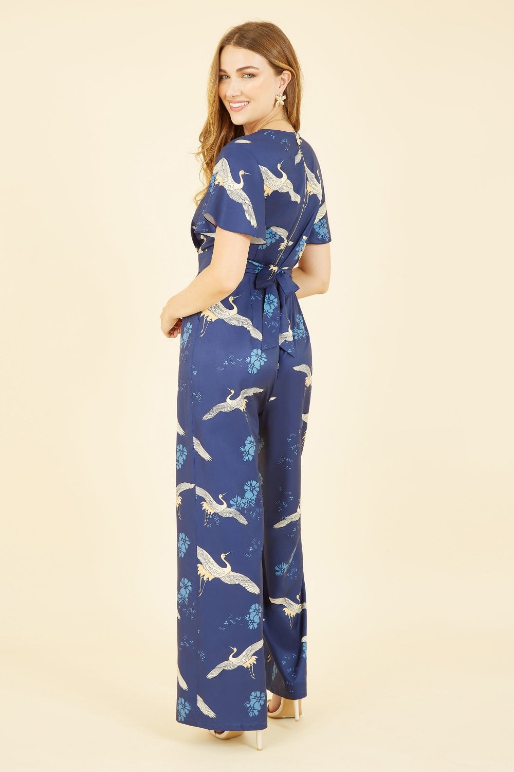 Yumi Navy Crane Print Angel Sleeve Jumpsuit
