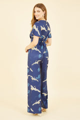 Yumi Navy Crane Print Angel Sleeve Jumpsuit