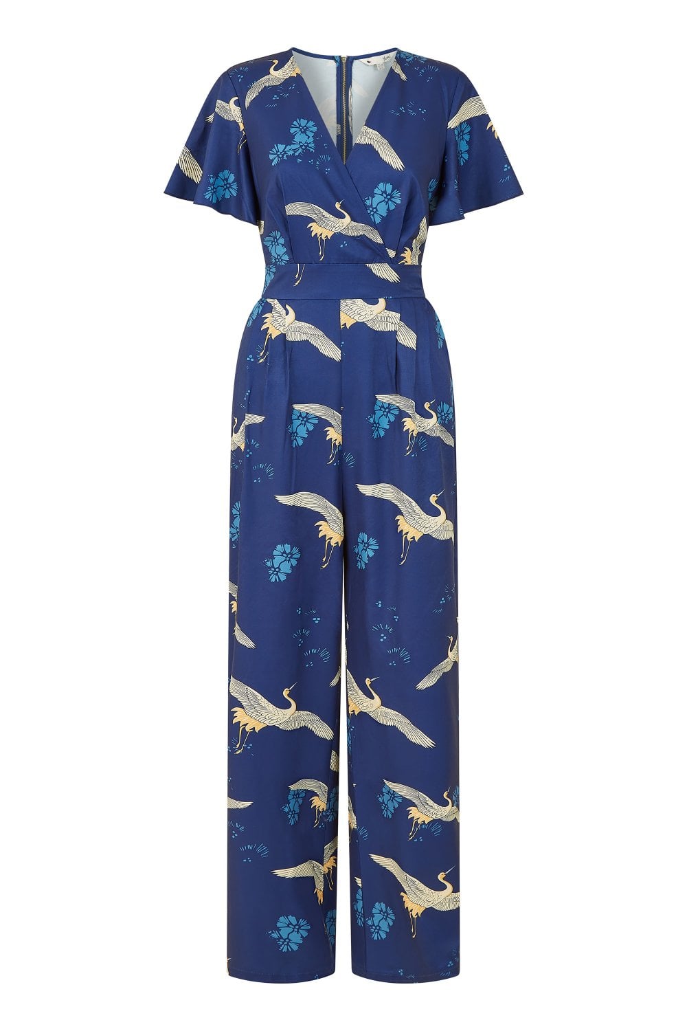 Yumi Navy Crane Print Angel Sleeve Jumpsuit