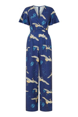 Yumi Navy Crane Print Angel Sleeve Jumpsuit