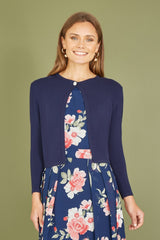Yumi Navy Diamante Button Cropped Cardigan