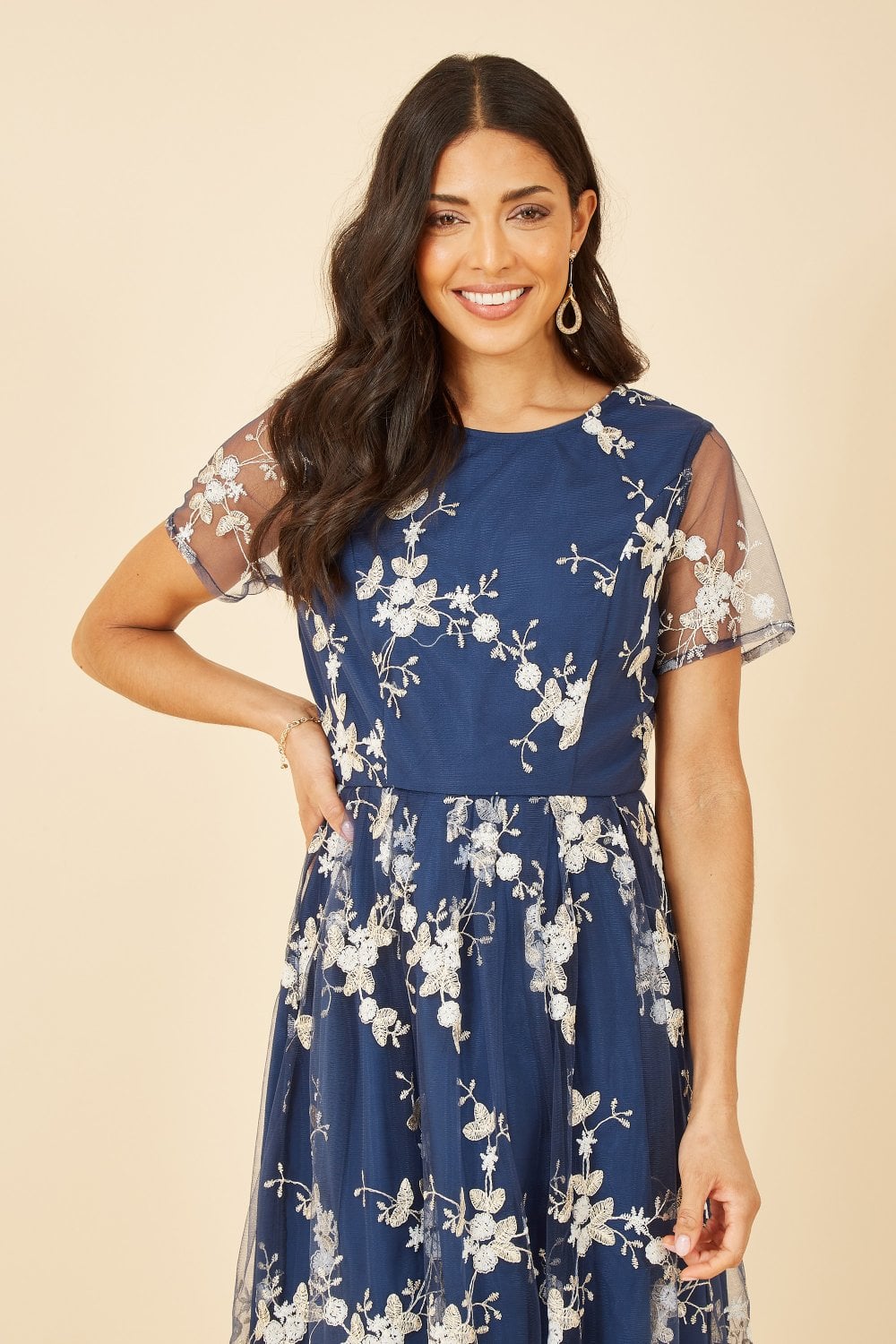 Yumi Navy Embroidered Floral Skater Dress