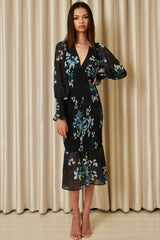 Yumi Urban Touch Navy Floral Print Bodycon Style Long Sleeve Dress