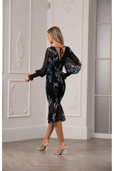 Yumi Urban Touch Navy Floral Print Bodycon Style Long Sleeve Dress