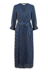 Yumi Navy Foil Printed Pleated Wrap Midi Dress